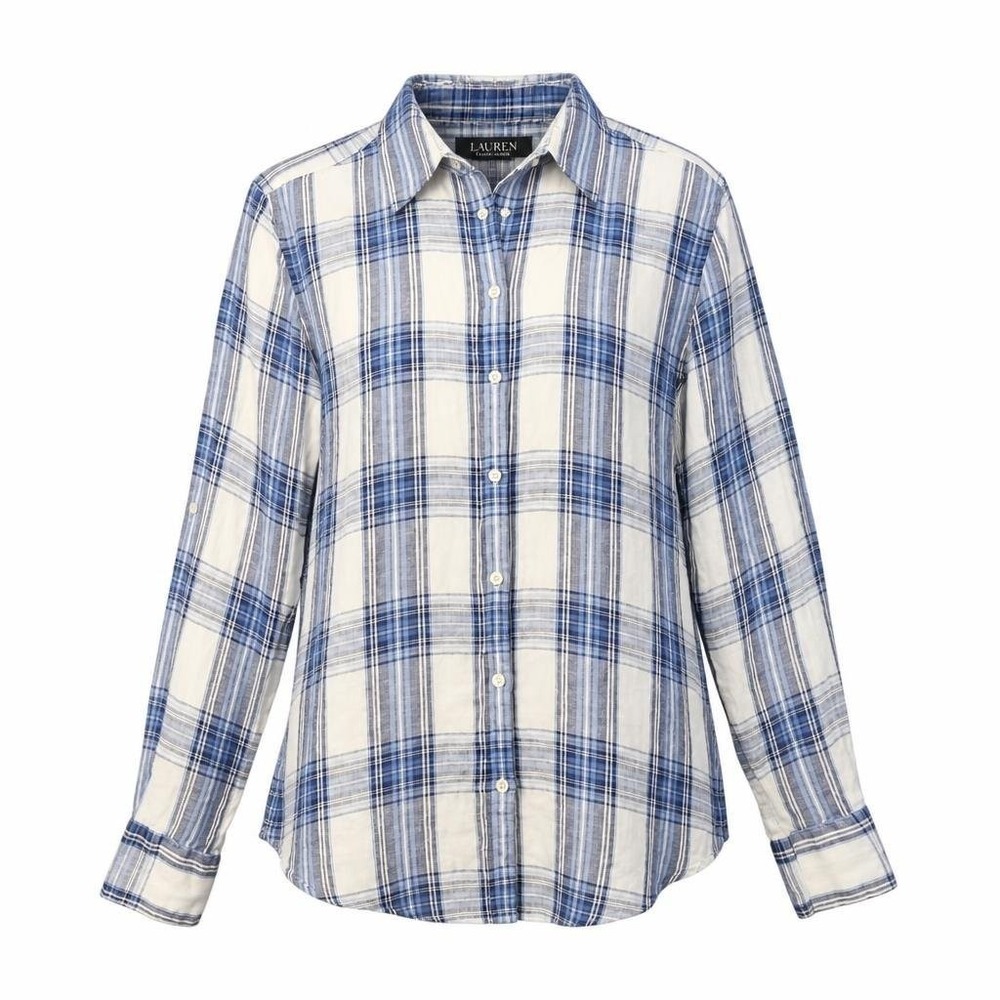 Ralph Lauren LRL Shirt Womens M Blue 100% Linen Button Preppy Coastal Career